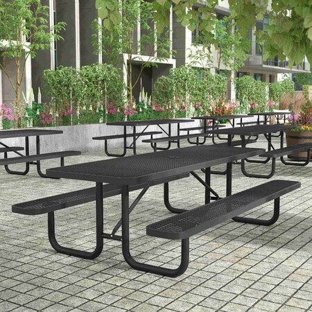 Flash Furniture Mantilla Rectangle Picnic Table, Black, Expanded Metal, Mesh, Steel Frame W/ Anchors, 8 ft L SLF-EML96-H60L-BK-GG